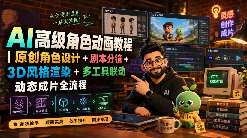 AI高级角色动画教程｜原创角色设计+剧本分镜+3D风格渲染+多工具联动动态成片全流程【中英字幕】-闲赋网