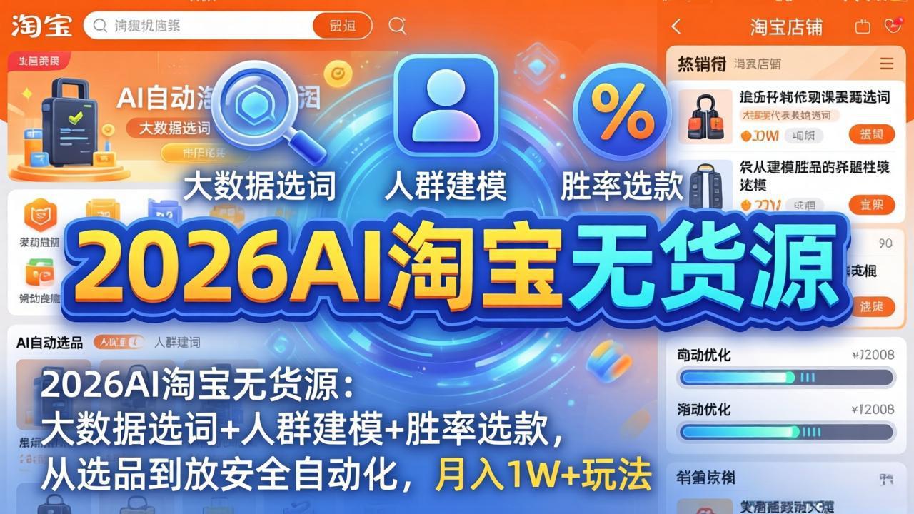 2026AI淘宝无货源：大数据选词+人群建模+胜率选款，从选品到放大全自动化，月入1W+玩法-闲赋网