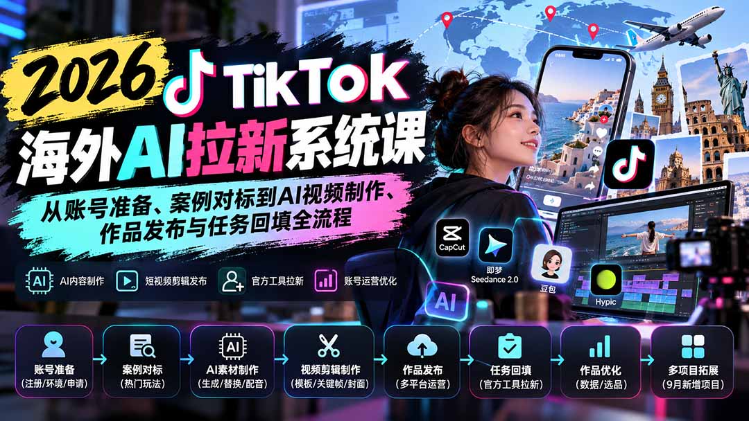 【无水印】2026 TikTok海外AI拉新系统课：从账号准备、案例对标到AI视频制作、作品发布与任务回填全流程-闲赋网