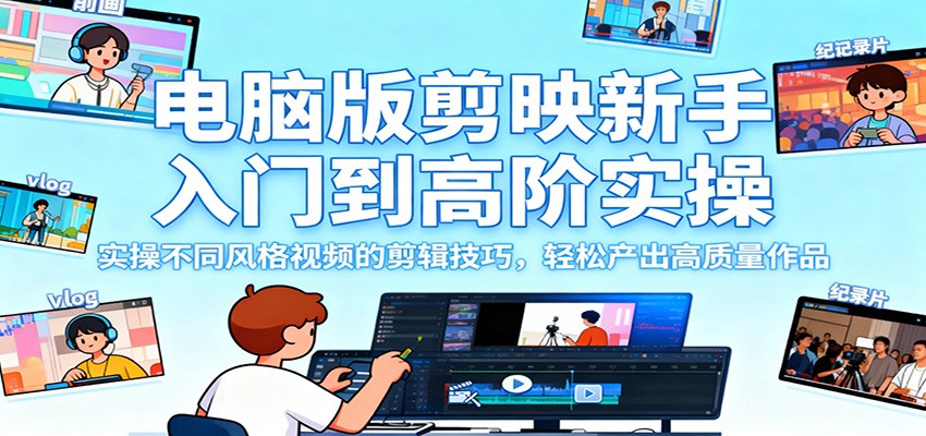 电脑版剪映新手入门到高阶实操，实操不同风格视频的剪辑技巧，轻松产出高质量作品-闲赋网