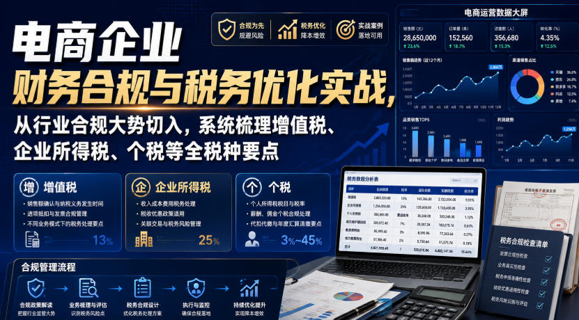 b7e5a0001509dc1990ea3dacc6941fcd.jpeg 电商企业财务合规与税务优化实战,从行业合规大势切入,系统梳理增值税、企业所得税、个税等全税种要点