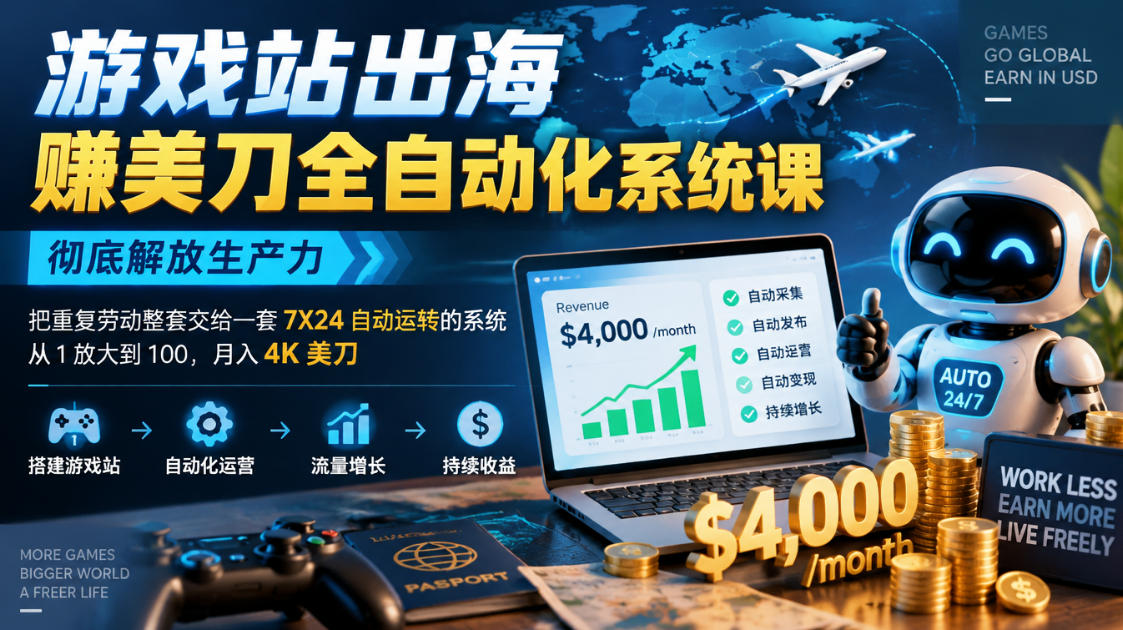 b8042494f1183d288ccf63b8f7f8cb15.jpeg 游戏站出海賺美刀全自动化系统课,彻底解放生产力–把重复劳动整套交给一套7X24自动运转的系统,从1放大到100,月入4K美刀