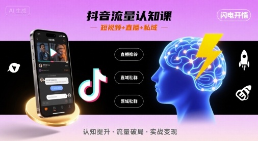 抖音流量认知课，短视频+直播+私域，认知提升，闪电开悟-闲赋网