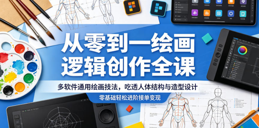 从零到一绘画逻辑创作全课，多软件通用绘画技法，吃透人体结构与造型设计，零基础轻松进阶接单变现-闲赋网