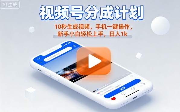 视频号分成计划懒人玩法，10秒生成视频，手机一键操作，新手小白轻松上手，日入1K【揭秘】-闲赋网