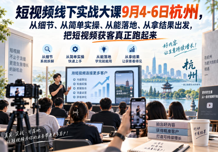 bc3e43c25e99273d1dc97dfbf5426157.jpeg 短视频线下实战大课9月4-6日杭州,从细节、从简单实操、从能落地、从拿结果出发,把短视频获客真正跑起来