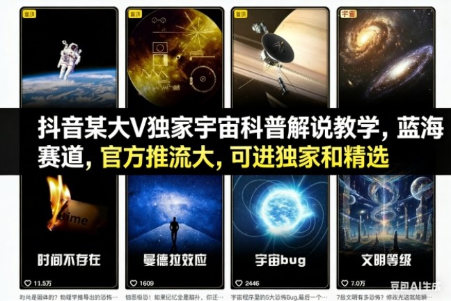 抖音某大V独家宇宙科普解说教学，蓝海赛道，官方推流大，可进独家和精选-闲赋网
