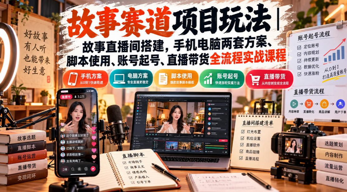 故事赛道项目玩法｜故事直播间搭建，手机电脑两套方案、脚本使用、账号起号、直播带货全流程实战课程-闲赋网