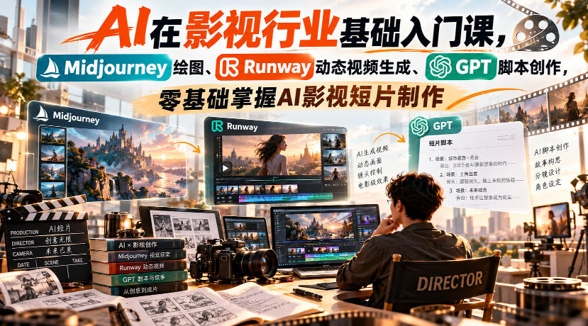 【无水印】AI在影视行业基础入门课，Midjourney绘图、Runway动态视频生成、GPT脚本创作，零基础掌握AI影视短片制作-闲赋网