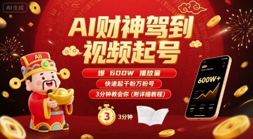 AI财神驾到视频起号，爆600W播放量，快速起千粉万粉号，3分钟教会你(附详细教程)-闲赋网