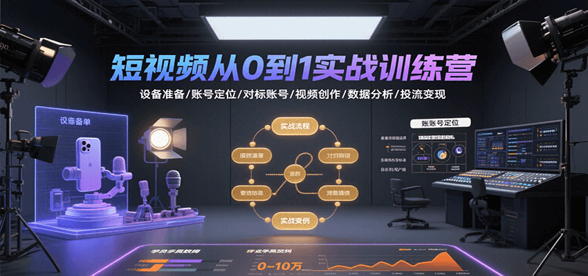 短视频从0到1实战训练营：设备准备/账号定位/对标账号/视频创作/数据分析/投流变现-闲赋网