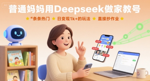 普通妈妈用Deepseek做家教号，条条热门，日变现1k+的玩法，直接抄作业-闲赋网