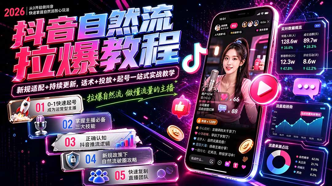 抖音自然流拉爆教程-更新9月：做懂流量的主播，新规适配+持续更新，话术+投放+起号一站式实战教学-闲赋网