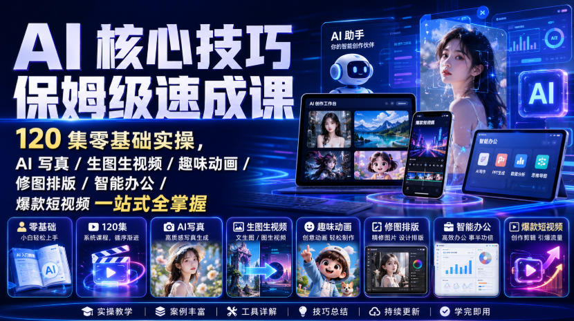 c28aab8fa16e7f5e97a8f13a5213a1c1.jpeg AI核心技巧保姆级速成课|120集零基础实操,AI写真/生图生视频/趣味动画/修图排版/智能办公/爆款短视频一站式全掌握