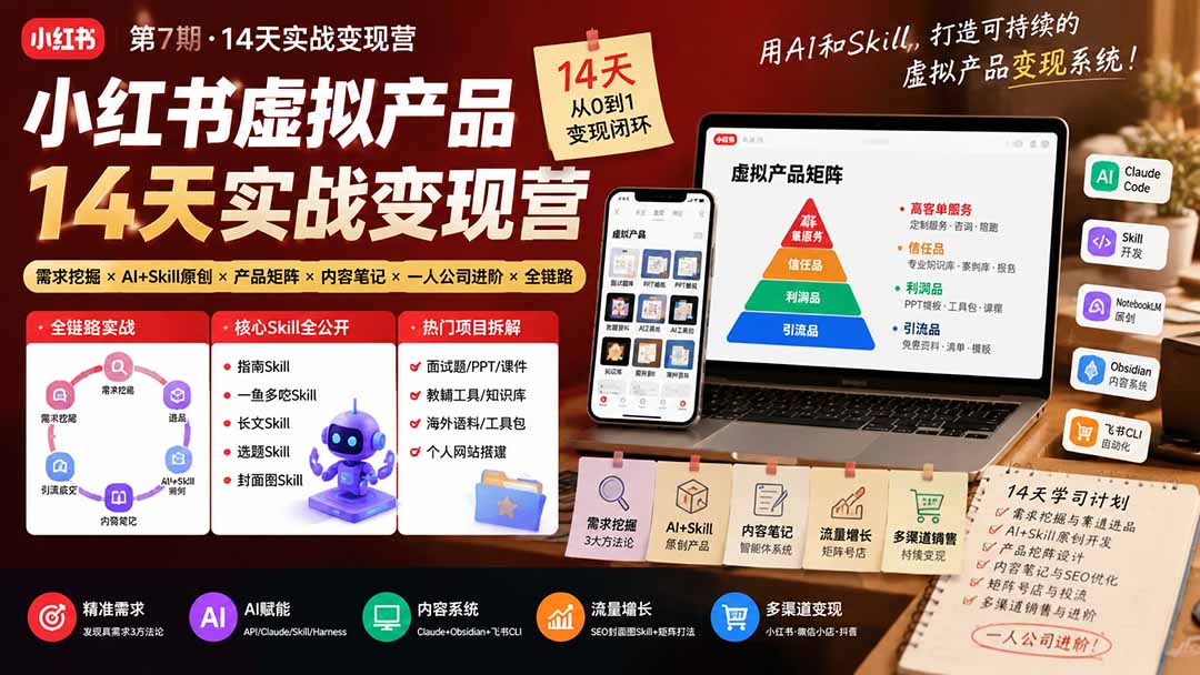 c551f795b2764bc65522728c7c2df71b.jpeg 小红书虚拟产品14天实战变现营-第7期:需求挖掘×AI+Skill原创×产品矩阵×内容笔记×一人公司进阶×全链路