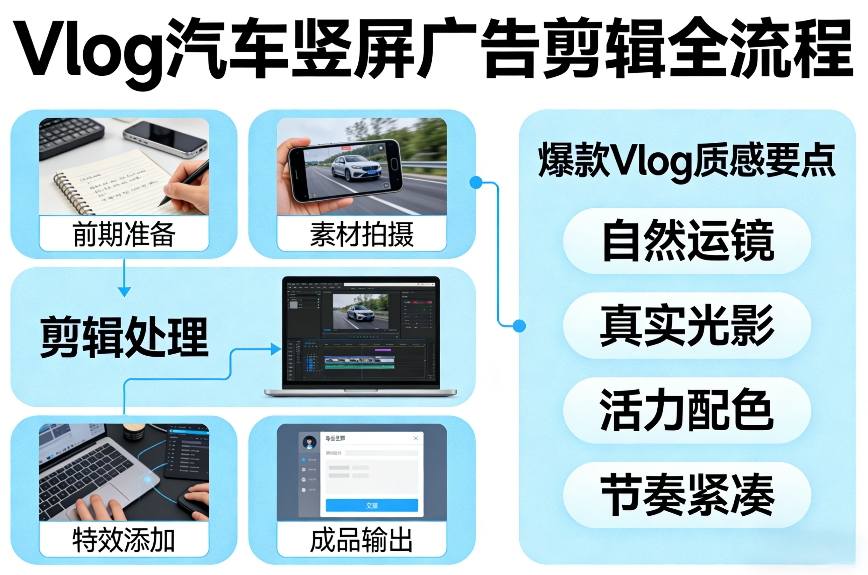 Vlog感觉汽车竖屏广告剪辑脚本全流程，拿捏爆款Vlog质感-闲赋网