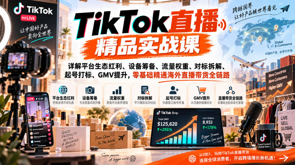 TikTok直播精品实战课，详解平台生态红利、设备筹备、流量权重、对标拆解、起号打标、GMV提升，零基础精通海外直播带货全链路-闲赋网