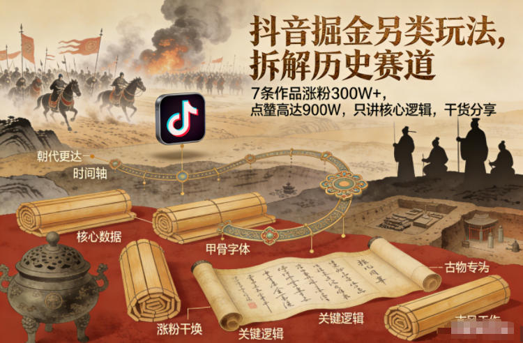 抖音掘金另类玩法，拆解历史赛道，7条作品涨粉300W+，点赞量高达900W，只讲核心逻辑，干货分享-闲赋网