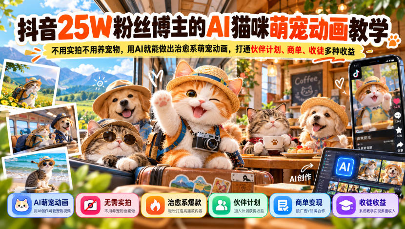 抖音25W粉丝博主的AI猫咪萌宠动画教学，不用实拍不用养宠物，用AI就能做出治愈系萌宠动画，打通伙伴计划、商单、收徒多种收益-闲赋网