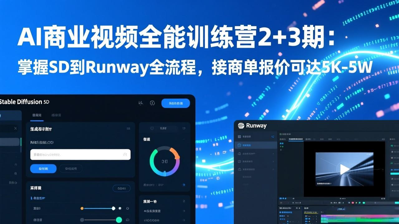 AI商业视频全能训练营2+3期：掌握SD到Runway全流程，接商单报价可达5K-5W-闲赋网