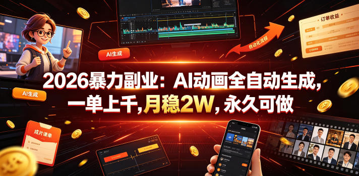 2026暴力副业：AI动画全自动生成，一单上千，月稳2W，永久可做【揭秘】-闲赋网