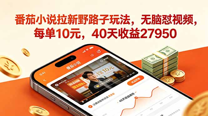 番茄小说拉新野路子玩法，无脑怼视频，每单10元，40天收益27950-闲赋网