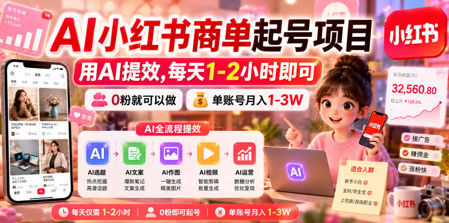 AI小红书商单起号项目，用AI提效,每天1-2小时即可，0粉就可以做，单账号月入1-3W-闲赋网