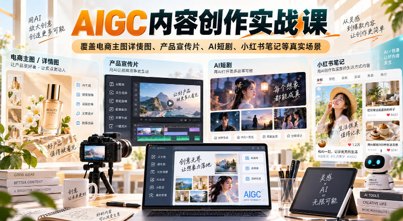 d4daee95f13b600ad8e1657e3842300e.jpeg AIGC内容创作实战课,覆盖电商主图详情图、产品宣传片、AI短剧、小红书笔记等真实场景