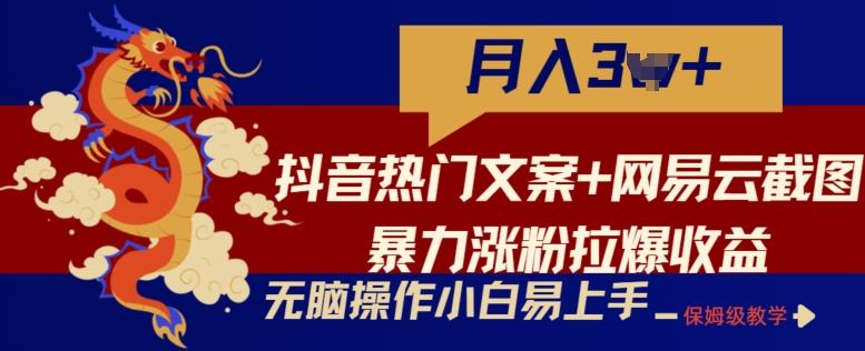 抖音热门文案+网易云截图暴力涨粉拉爆收益玩法，小白无脑操作，简单易上手【揭秘】-闲赋网