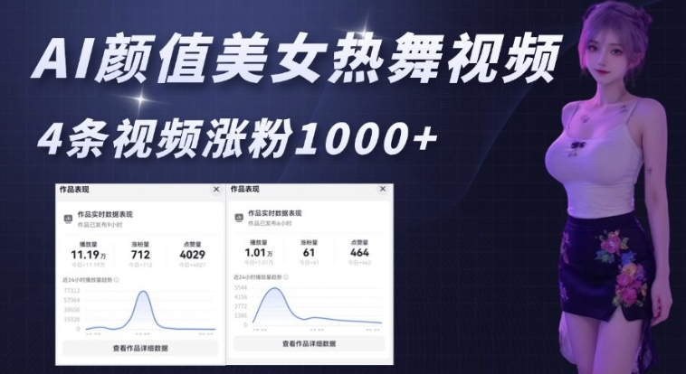 AI颜值美女热舞视频，4条视频涨粉1000+，实测6分钟一条-闲赋网