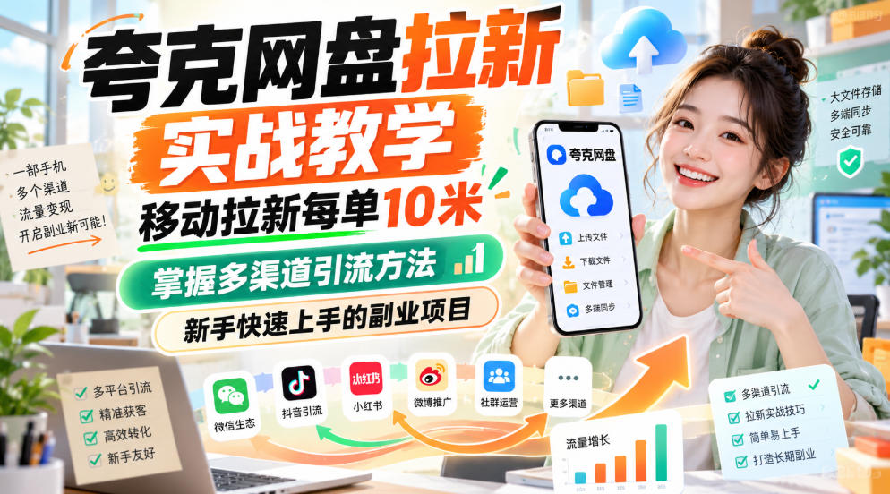 夸克网盘拉新实战教学，移动拉新每单10米，掌握多渠道引流方法，新手快速上手的副业项目-闲赋网