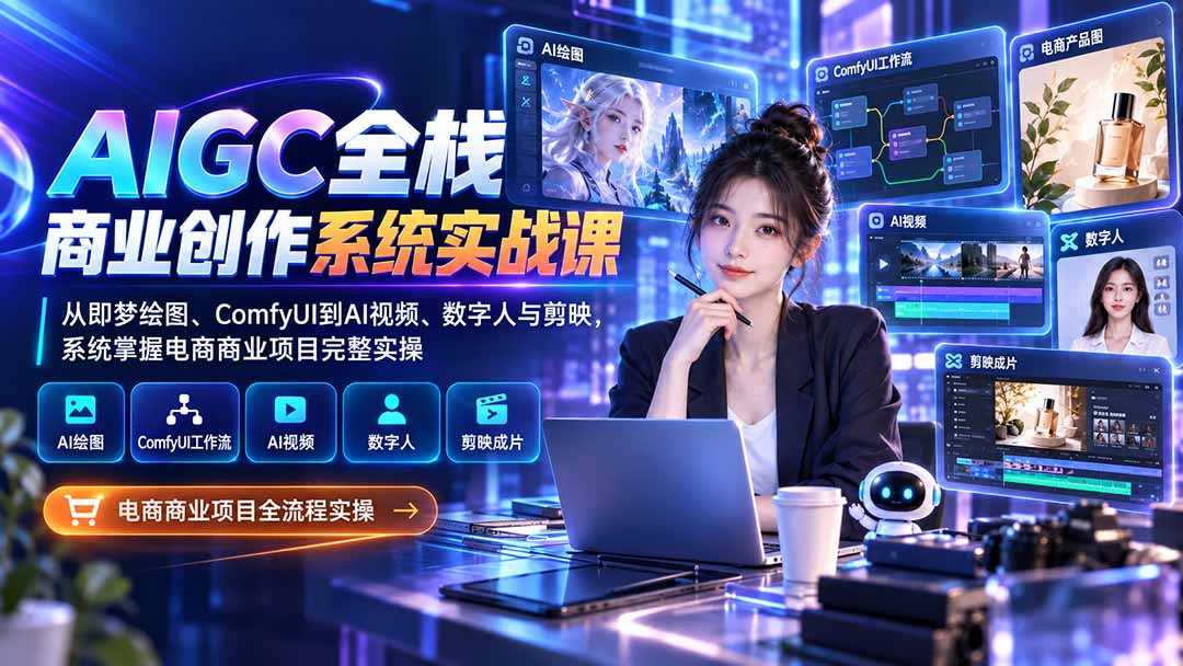 d86aadc71a3cff96db73e56432cf9cf7.jpeg AIGC全栈商业创作系统实战课:从即梦绘图、ComfyUI到AI视频、数字人与剪映,系统掌握电商商业项目完整实操