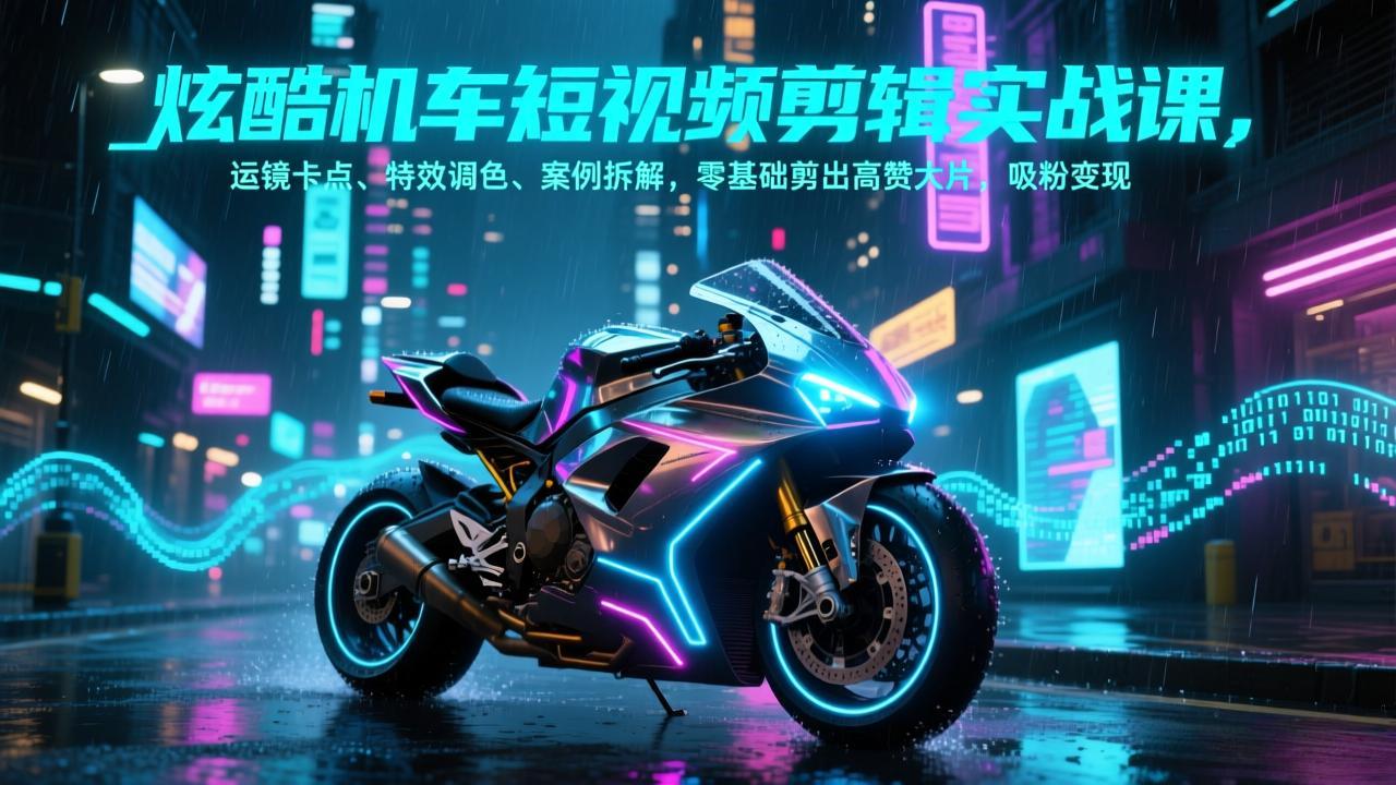 炫酷机车短视频剪辑实战课，运镜卡点、特效调色、案例拆解，零基础剪出高赞大片，吸粉变现-闲赋网