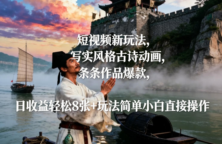 短视频新玩法，写实风格古诗动画，条条作品爆款，日收益轻松8张+玩法简单小白直接操作-闲赋网