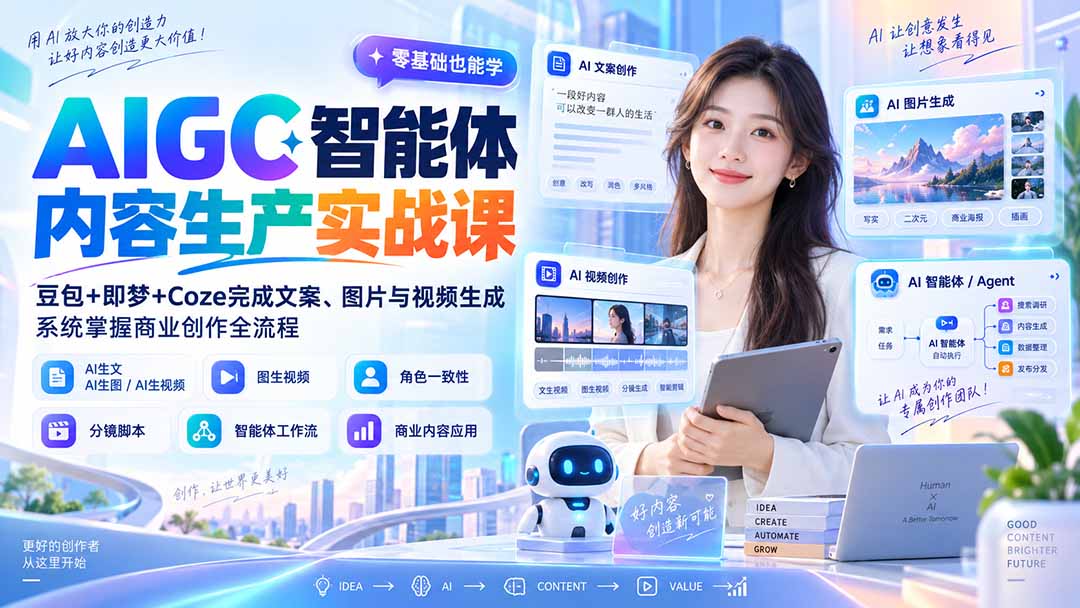 df317dfccea622025612a0661d313fd5.jpeg AIGC智能体内容生产实战课:豆包+即梦+Coze完成文案、图片与视频生成,系统掌握商业创作全流程