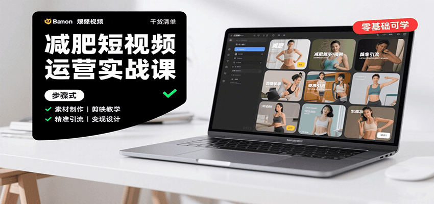 减肥短视频运营实战课：含素材制作、剪映教学，讲精准引流、变现设计与内容模板技巧-闲赋网