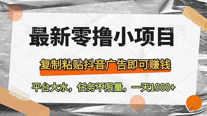 最新零撸小项目，复制粘贴抖音广告即可赚钱，平台大水，任务不限量，一…-闲赋网