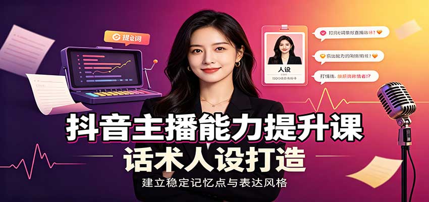 抖音主播能力提升课：账号底层逻辑，直播间搭建调试，话术人设打造全套教学-闲赋网