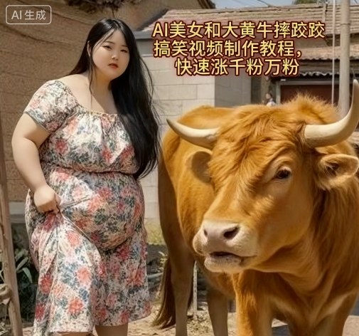 AI美女和大黄牛摔跤搞笑荒诞视频制作教程，快速涨千粉万粉-闲赋网