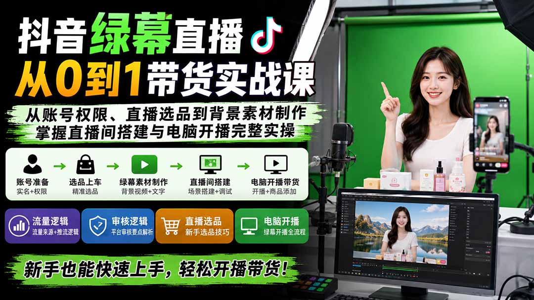 抖音绿幕直播从0到1带货实战课：从账号权限、直播选品到背景素材制作，掌握直播间搭建与电脑开播完整实操-闲赋网