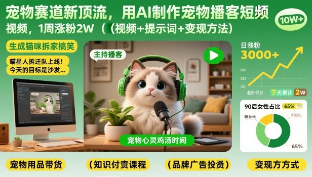 宠物赛道新顶流，用AI制作宠物播客短视频，1周涨粉2W(视频+提示词+变现方法)-闲赋网