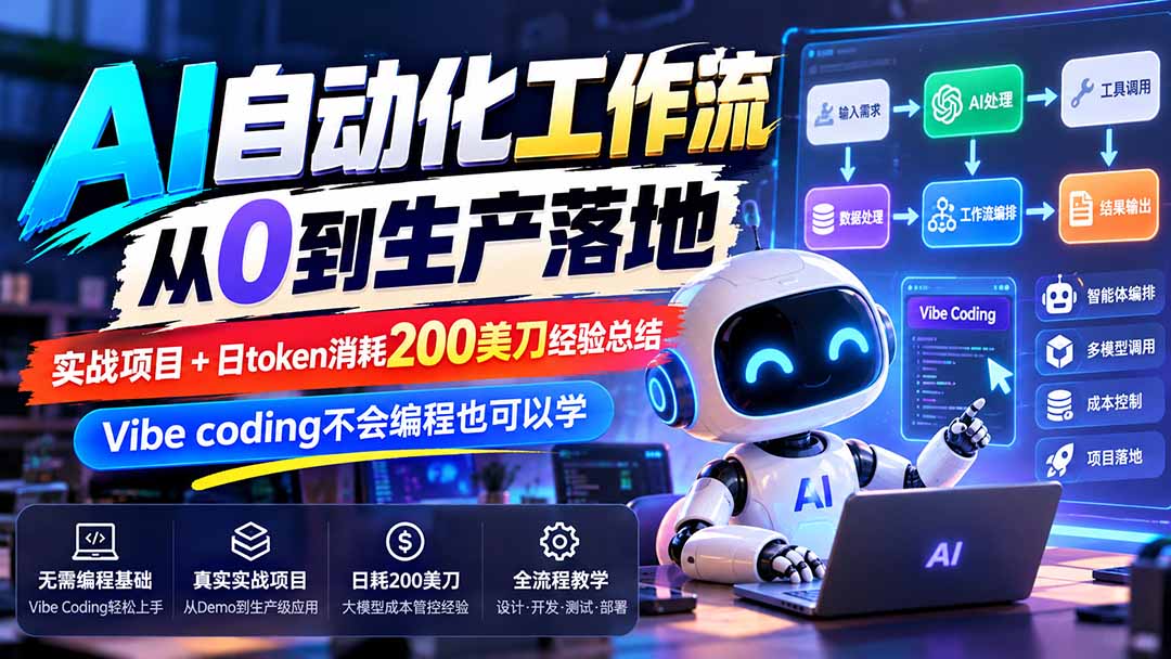 e6a98a7d3cb4e68ee3000b23e4c658a8.jpeg 【无水印】AI自动化工作流从0到生产落地,实战项目+日token消耗200美刀经验总结,Vibe coding不会编程也可以学