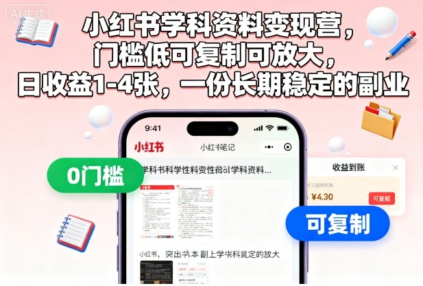 小红书学科资料变现营，门槛低可复制可放大，日收益1-4张，一份长期稳定的副业-闲赋网