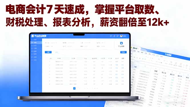 电商会计7天速成，掌握平台取数、财税处理、报表分析，薪资翻倍至12k+-闲赋网