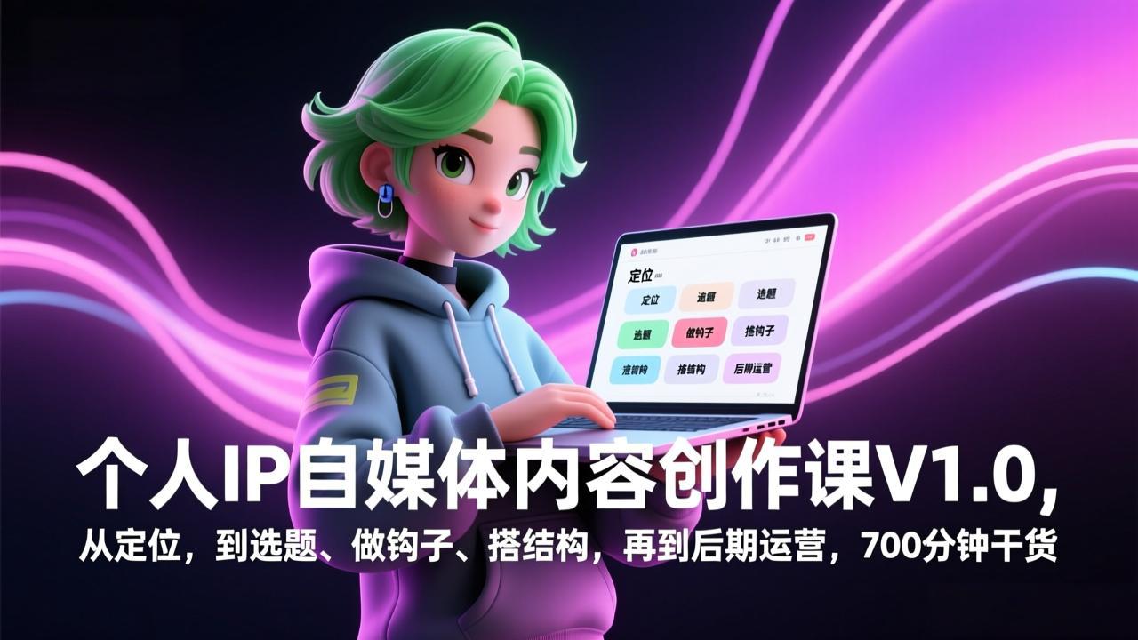 个人IP自媒体内容创作课V1.0，从定位，到选题、做钩子、搭结构，再到后期运营，700分钟干货-闲赋网