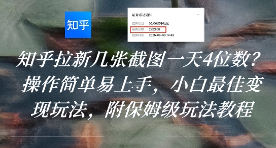知乎拉新几张截图一天4位数？操作简单易上手，小白最佳变现玩法，附保姆级玩法教程-闲赋网