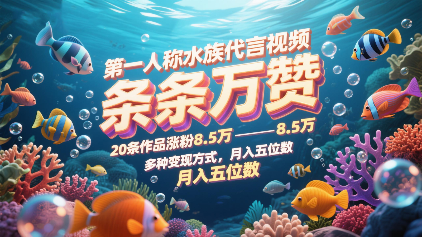 第一人称水族代言视频，条条万赞，20条作品涨粉8.5万，多种变现方式月，入五位数-闲赋网
