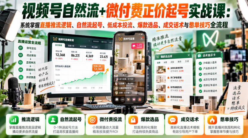 ec03882e399dadfc059831eec41b63a6.jpeg 视频号自然流+微付费正价起号实战课:系统掌握直播推流逻辑、自然流起号、低成本投流、爆款选品、成交话术与憋单技巧全流程