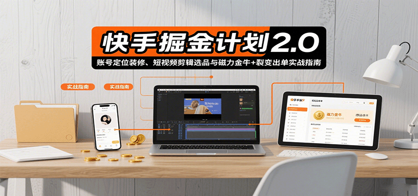 快手掘金计划2.0，账号定位装修、短视频剪辑选品与磁力金牛+裂变出单实战指南-闲赋网