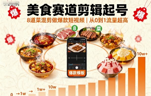 美食赛道剪辑起号，8道菜混剪做爆款短视频，从0到1，流量超高-闲赋网